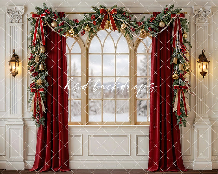 Red Curtain Christmas Window Photography Backdrop – Classic Holiday Portrait Scene | HSD Backdrops