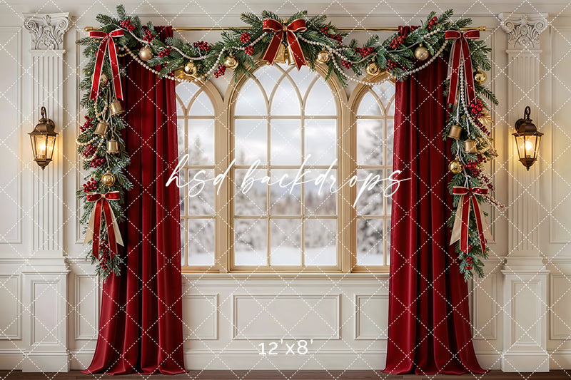 Red Curtain Christmas Window Photography Backdrop – Classic Holiday Portrait Scene | HSD Backdrops