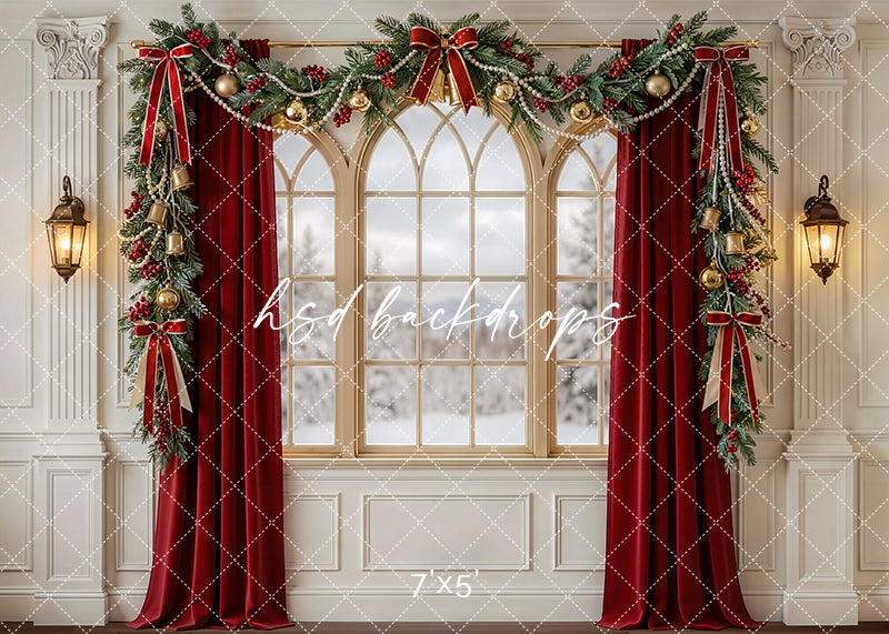 Red Curtain Christmas Window photography backdrop with a grand arched window, rich red curtains, festive garlands, lanterns, and classic holiday décor for portrait photography.