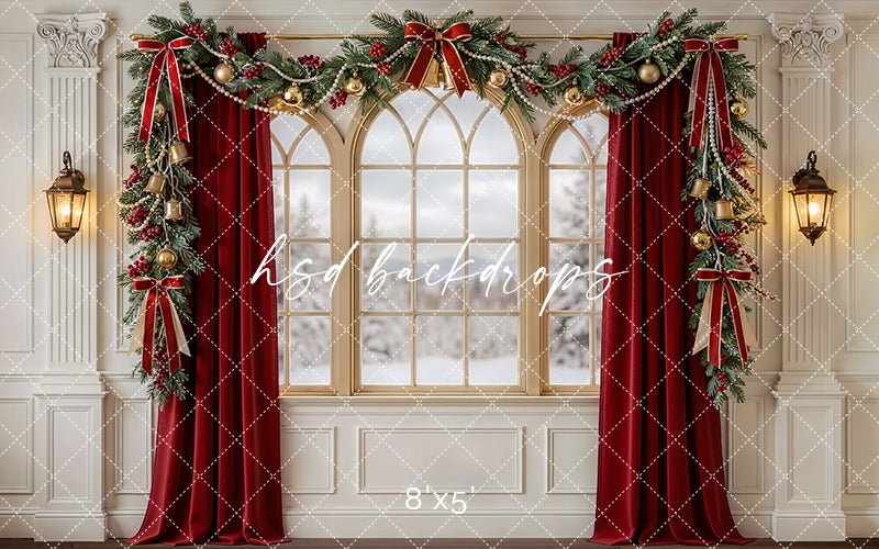Red Curtain Christmas Window Photography Backdrop – Classic Holiday Portrait Scene | HSD Backdrops