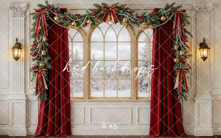 Red Curtain Christmas Window Photography Backdrop – Classic Holiday Portrait Scene | HSD Backdrops