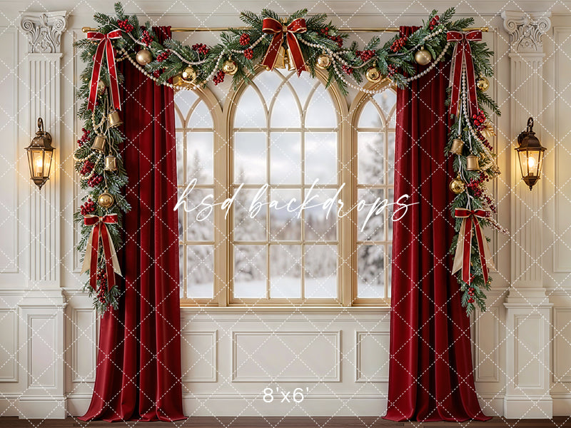 Red Curtain Christmas Window Photography Backdrop – Classic Holiday Portrait Scene | HSD Backdrops