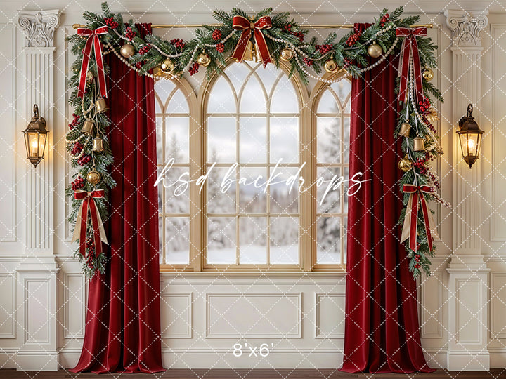 Red Curtain Christmas Window Photography Backdrop – Classic Holiday Portrait Scene | HSD Backdrops