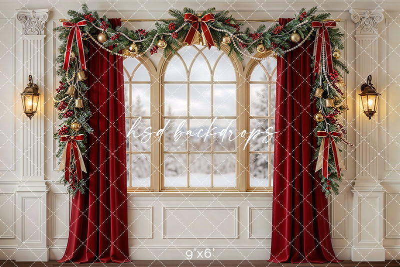 Red Curtain Christmas Window Photography Backdrop – Classic Holiday Portrait Scene | HSD Backdrops