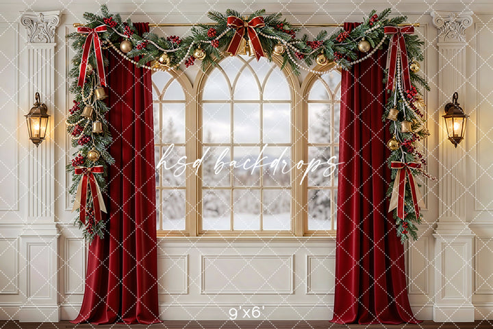 Red Curtain Christmas Window Photography Backdrop – Classic Holiday Portrait Scene | HSD Backdrops