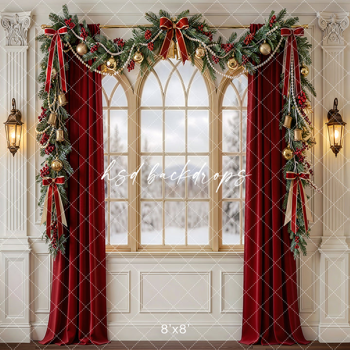 Red Curtain Christmas Window Photography Backdrop – Classic Holiday Portrait Scene | HSD Backdrops