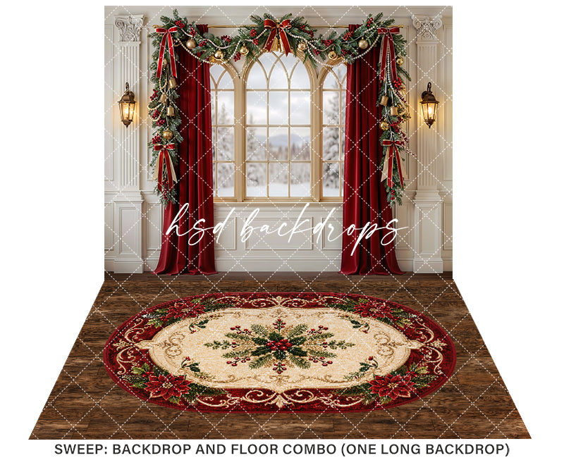 Red Curtain Christmas Window Photography Backdrop – Classic Holiday Portrait Scene | HSD Backdrops