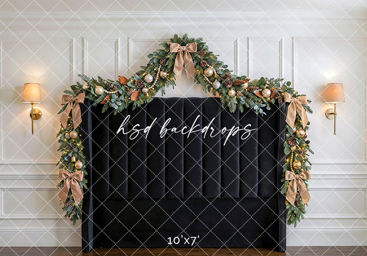 Black Bow Holiday Headboard Photography Backdrop – Elegant Christmas Portrait Scene | HSD Backdrops