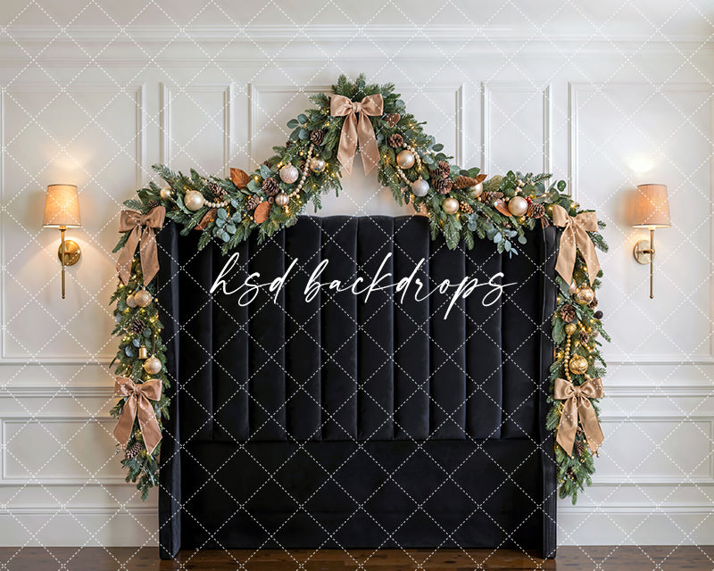 Black Bow Holiday Headboard Photography Backdrop – Elegant Christmas Portrait Scene | HSD Backdrops