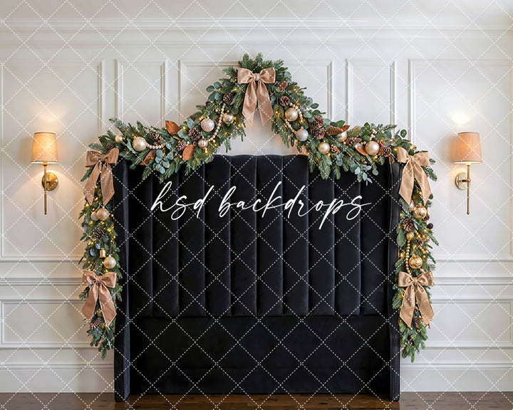 Black Bow Holiday Headboard Photography Backdrop – Elegant Christmas Portrait Scene | HSD Backdrops