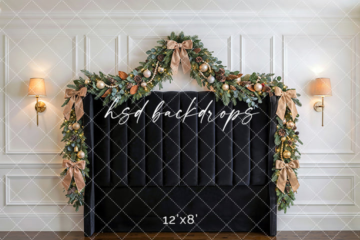Black Bow Holiday Headboard Photography Backdrop – Elegant Christmas Portrait Scene | HSD Backdrops