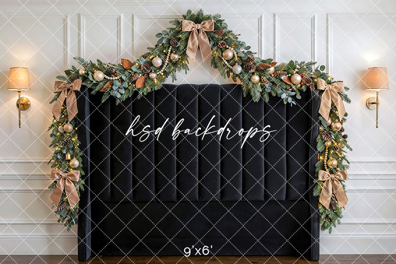 Black Bow Holiday Headboard Photography Backdrop – Elegant Christmas Portrait Scene | HSD Backdrops