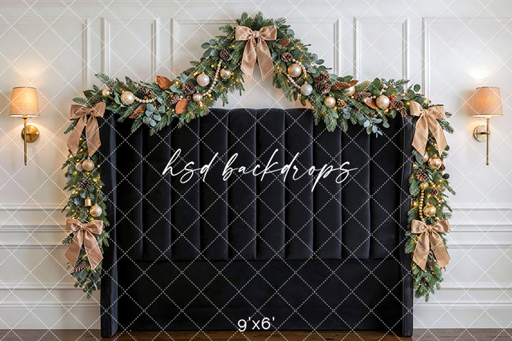 Black Bow Holiday Headboard Photography Backdrop – Elegant Christmas Portrait Scene | HSD Backdrops