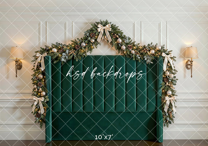 Emerald Holiday Headboard Photography Backdrop – Luxury Christmas Portrait Scene | HSD Backdrops