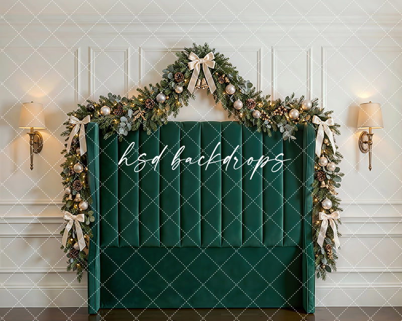 Emerald Holiday Headboard Photography Backdrop – Luxury Christmas Portrait Scene | HSD Backdrops