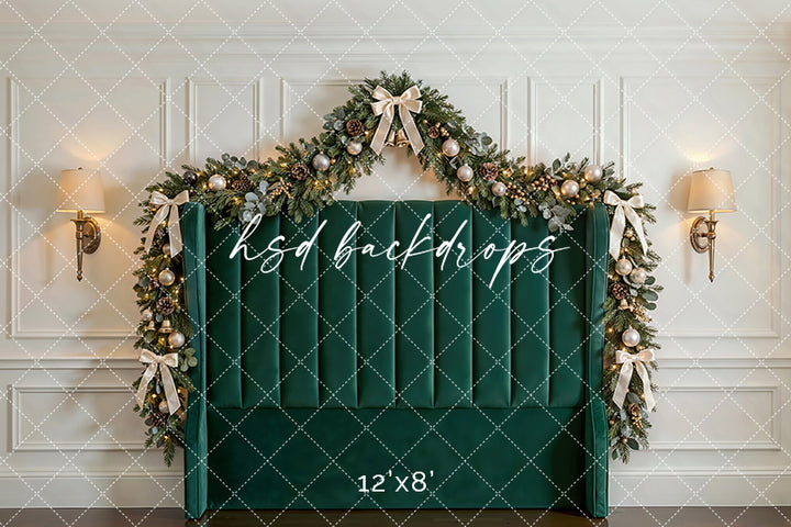 Emerald Holiday Headboard Photography Backdrop – Luxury Christmas Portrait Scene | HSD Backdrops
