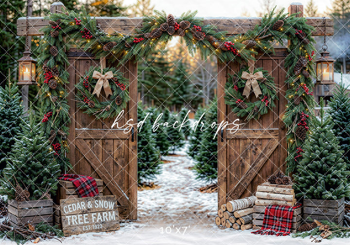Cedar and Snow Tree Farm Photography Backdrop – Cozy Christmas Portrait Scene | HSD Backdrops