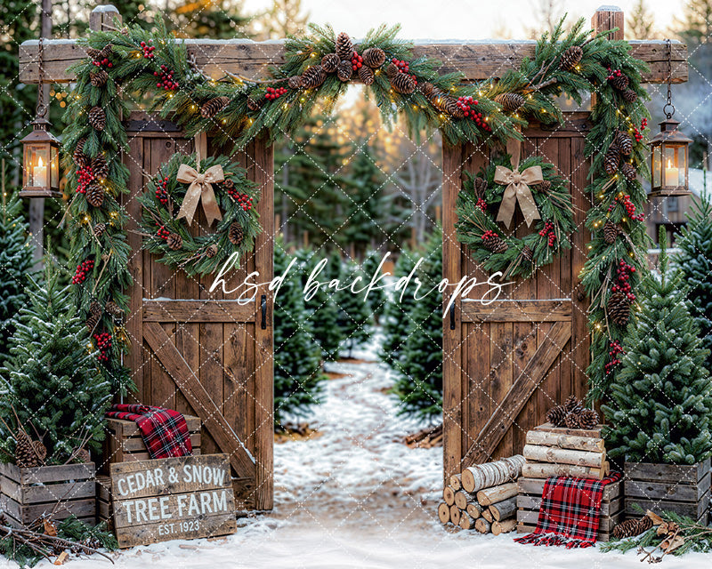 Cedar and Snow Tree Farm Photography Backdrop – Cozy Christmas Portrait Scene | HSD Backdrops