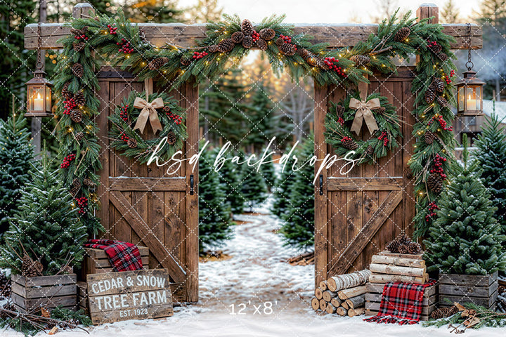 Cedar and Snow Tree Farm Photography Backdrop – Cozy Christmas Portrait Scene | HSD Backdrops