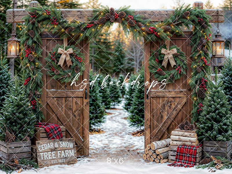 Cedar and Snow Tree Farm Photography Backdrop – Cozy Christmas Portrait Scene | HSD Backdrops