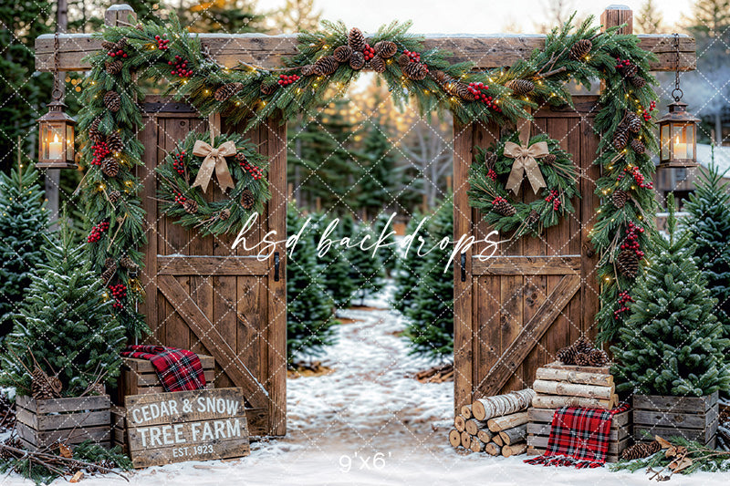 Cedar and Snow Tree Farm Photography Backdrop – Cozy Christmas Portrait Scene | HSD Backdrops