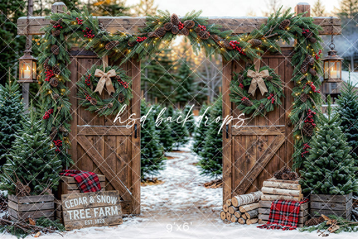 Cedar and Snow Tree Farm Photography Backdrop – Cozy Christmas Portrait Scene | HSD Backdrops