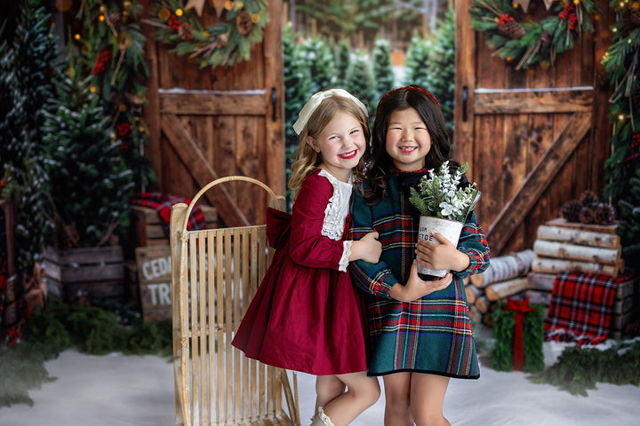 Rustic Christmas tree farm mini session backdrop with wooden barn doors, snowy evergreen trees, holiday wreaths, plaid blankets, stacked logs, sled, and festive winter studio details.