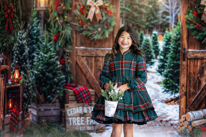 Cedar and Snow Tree Farm Photography Backdrop – Cozy Christmas Portrait Scene | HSD Backdrops