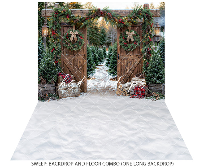 Cedar and Snow Tree Farm Photography Backdrop – Cozy Christmas Portrait Scene | HSD Backdrops