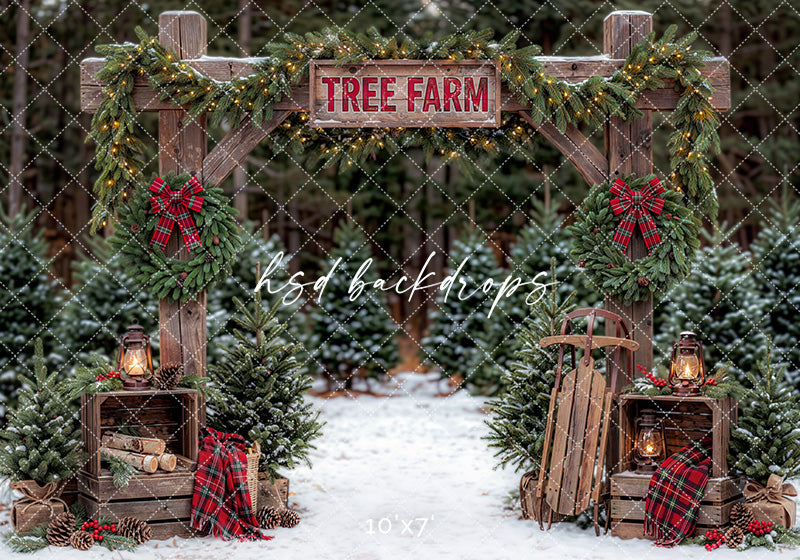 Plaid Wreath Tree Farm Photography Backdrop – Rustic Holiday Portrait Scene | HSD Backdrops