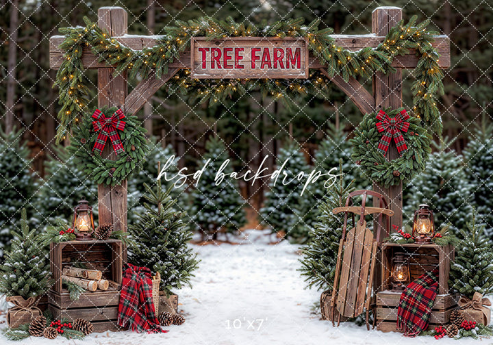 Plaid Wreath Tree Farm Photography Backdrop – Rustic Holiday Portrait Scene | HSD Backdrops