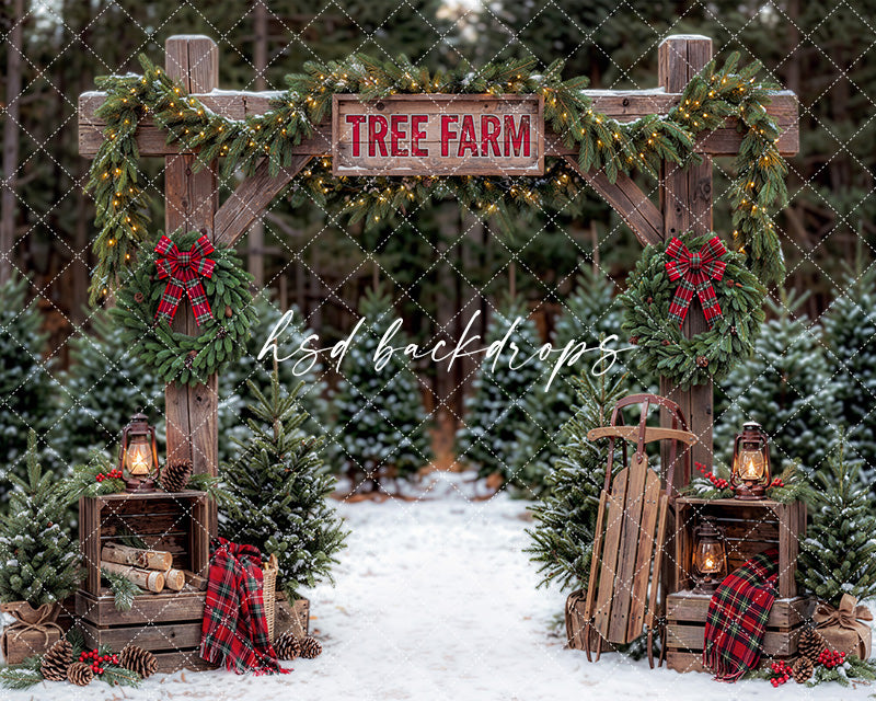 Plaid Wreath Tree Farm Photography Backdrop – Rustic Holiday Portrait Scene | HSD Backdrops