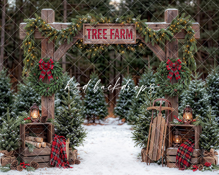Plaid Wreath Tree Farm Photography Backdrop – Rustic Holiday Portrait Scene | HSD Backdrops