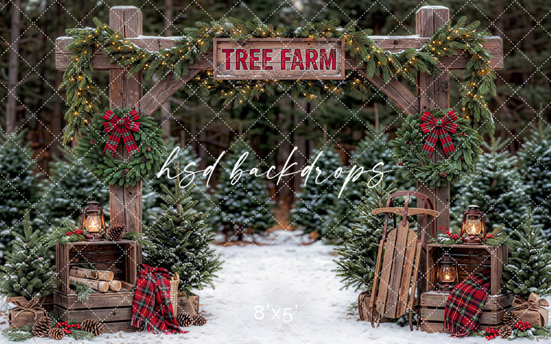 Plaid Wreath Tree Farm Photography Backdrop – Rustic Holiday Portrait Scene | HSD Backdrops