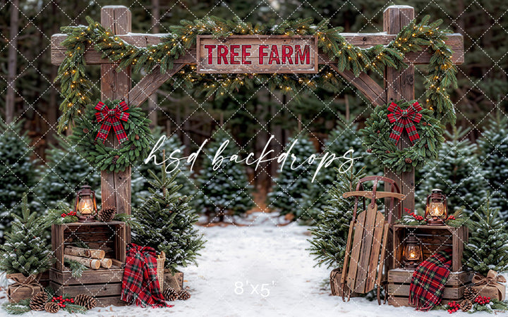 Plaid Wreath Tree Farm Photography Backdrop – Rustic Holiday Portrait Scene | HSD Backdrops