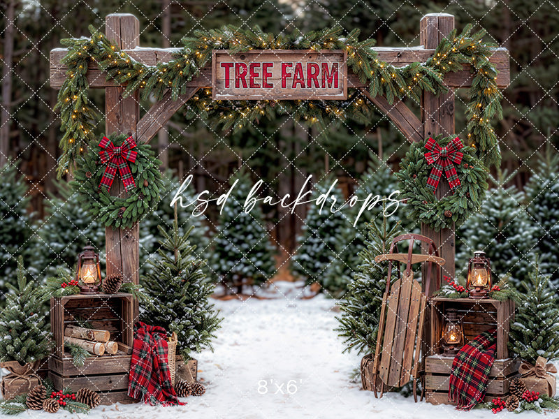 Plaid Wreath Tree Farm Photography Backdrop – Rustic Holiday Portrait Scene | HSD Backdrops
