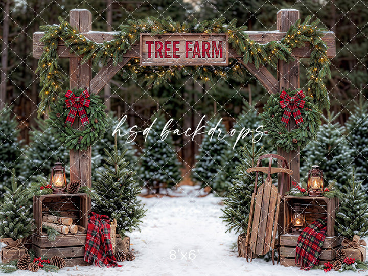 Plaid Wreath Tree Farm Photography Backdrop – Rustic Holiday Portrait Scene | HSD Backdrops