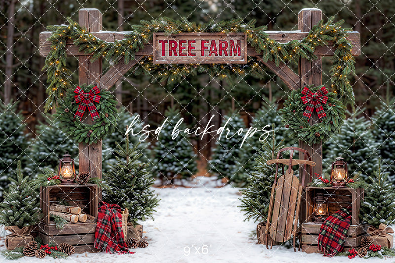 Plaid Wreath Tree Farm Photography Backdrop – Rustic Holiday Portrait Scene | HSD Backdrops