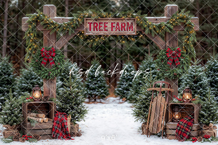Plaid Wreath Tree Farm Photography Backdrop – Rustic Holiday Portrait Scene | HSD Backdrops