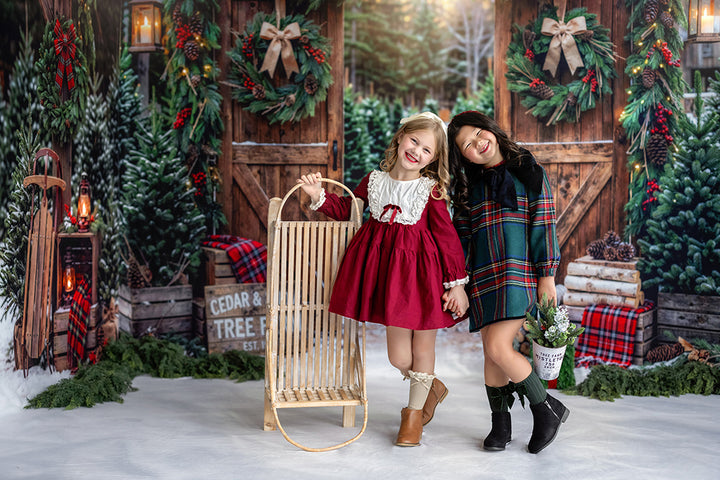 Cedar and Snow Tree Farm Photography Backdrop – Cozy Christmas Portrait Scene | HSD Backdrops