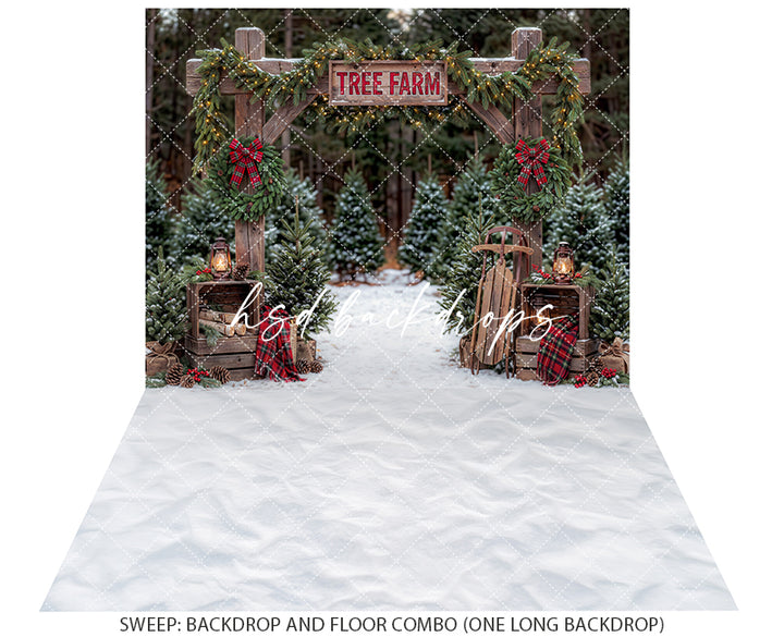 Plaid Wreath Tree Farm Photography Backdrop – Rustic Holiday Portrait Scene | HSD Backdrops