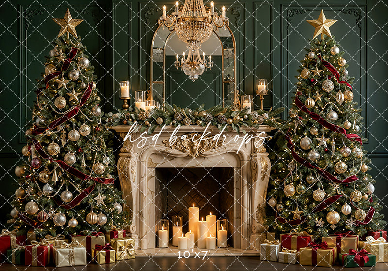 Jewel Tone Christmas Mantel Photography Backdrop – Glam Holiday Portrait Scene | HSD Backdrops