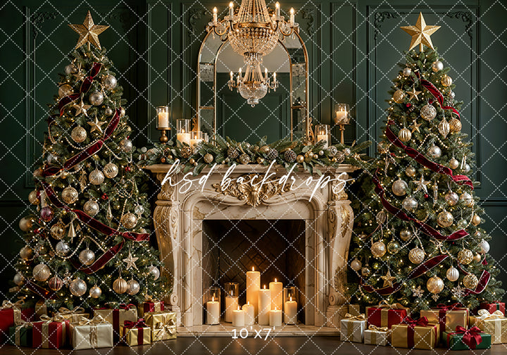 Jewel Tone Christmas Mantel Photography Backdrop – Glam Holiday Portrait Scene | HSD Backdrops