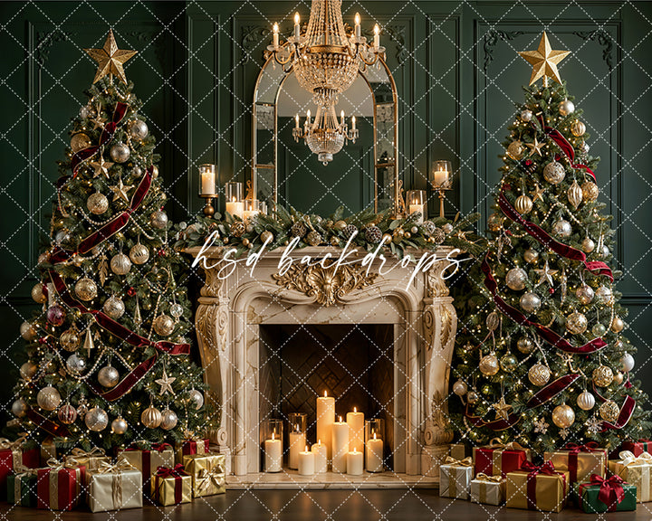 Jewel Tone Christmas Mantel Photography Backdrop – Glam Holiday Portrait Scene | HSD Backdrops