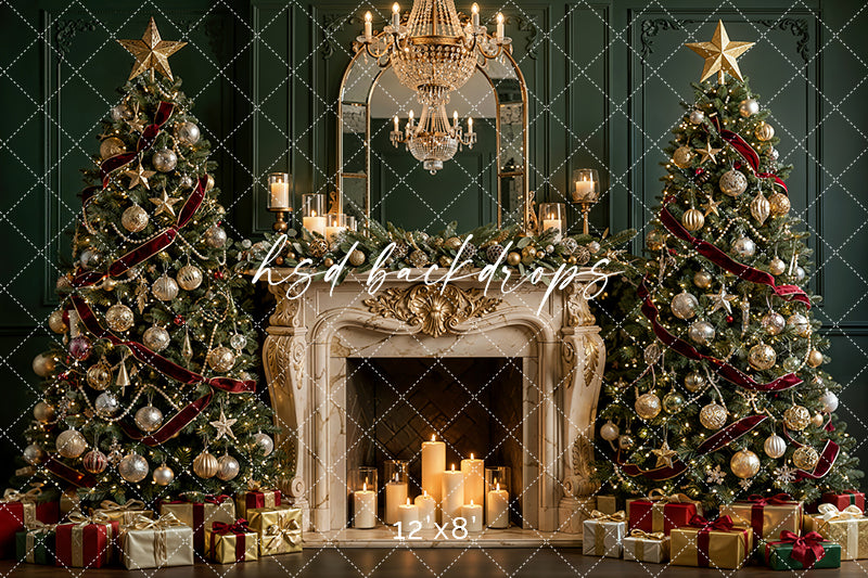 Jewel Tone Christmas Mantel Photography Backdrop – Glam Holiday Portrait Scene | HSD Backdrops
