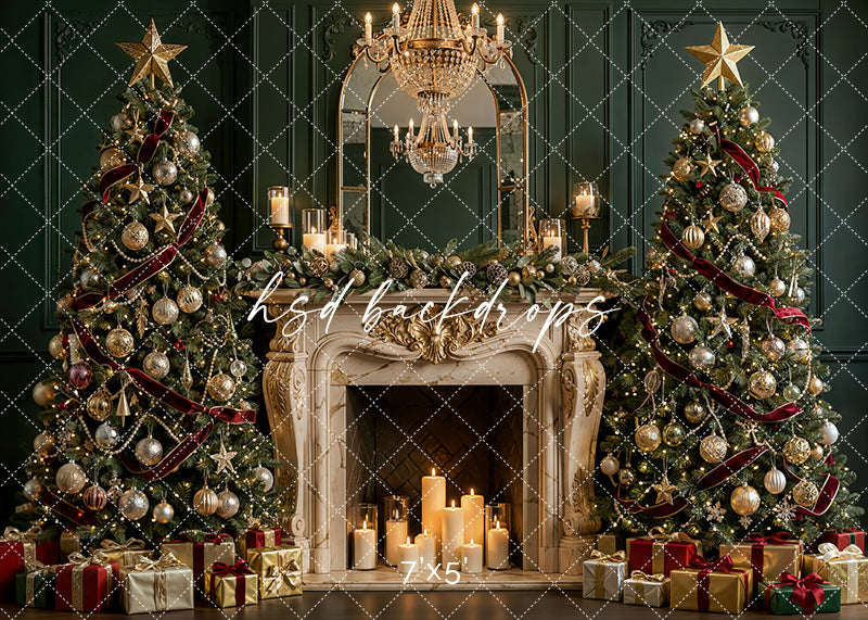 Jewel Tone Christmas Mantel photography backdrop with a chandelier, elegant fireplace mantel, decorated Christmas trees, jewel-tone ornaments, candles, and wrapped gifts for portrait photography.