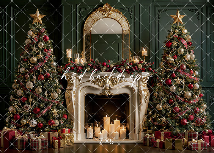 Yuletide Tartan Hearth photography backdrop with a glowing fireplace, decorated Christmas trees, tartan ribbon garland, candles, wrapped gifts, and elegant holiday décor for portrait photography.