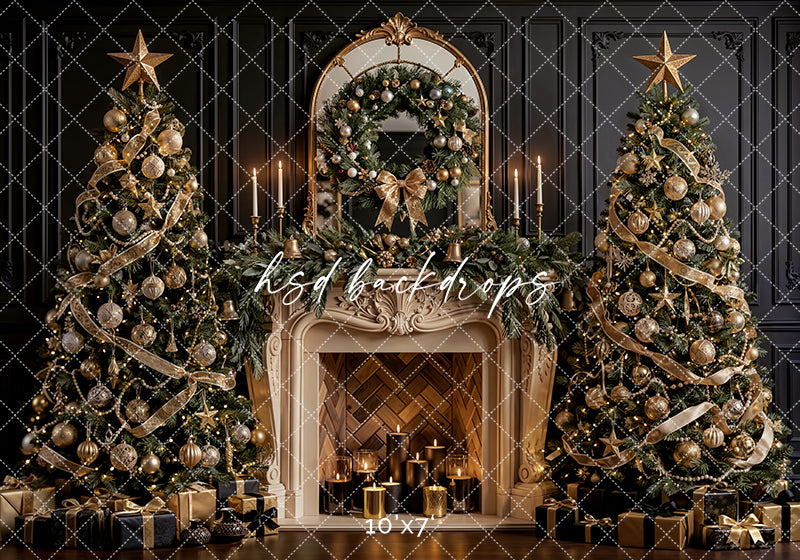 Noir Noel Fireplace Photography Backdrop – Glam Seasonal Portrait Scene | HSD Backdrops
