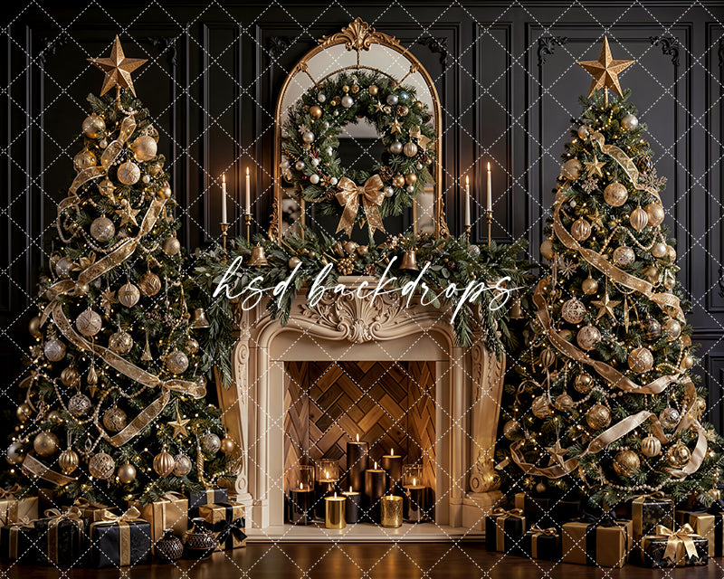 Noir Noel Fireplace Photography Backdrop – Glam Seasonal Portrait Scene | HSD Backdrops
