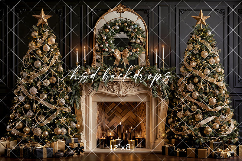 Noir Noel Fireplace Photography Backdrop – Glam Seasonal Portrait Scene | HSD Backdrops